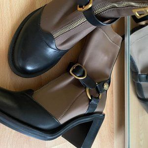 Brand new Rudsak leather/canvas boots, gold zipper and leather ankle belt, s 7.